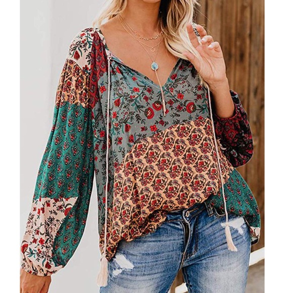 Boho Multicolored Long Sleeve Blouse - Picture 1 of 4